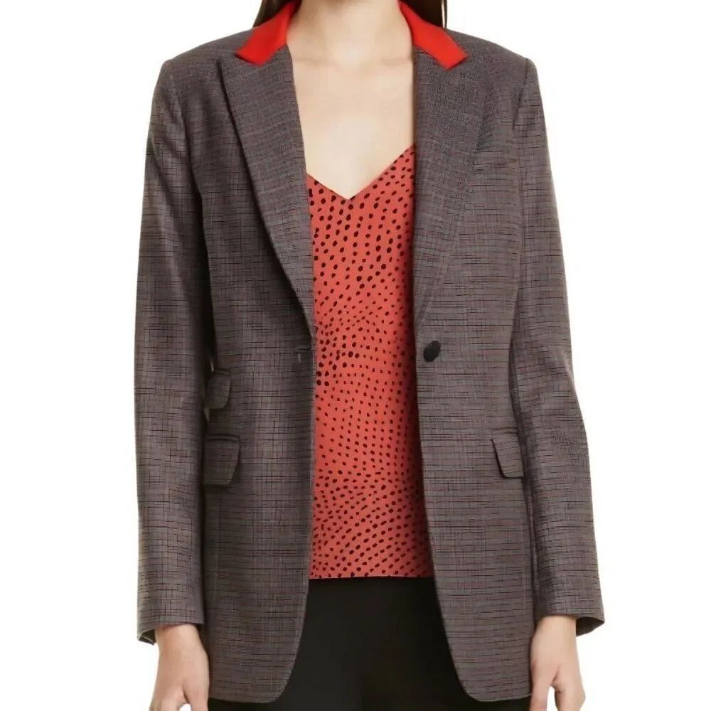 Rag & Bone Blazer Jacket Women's 2 Grey Red Paloma Glen Plaid Wool Blend Preppy